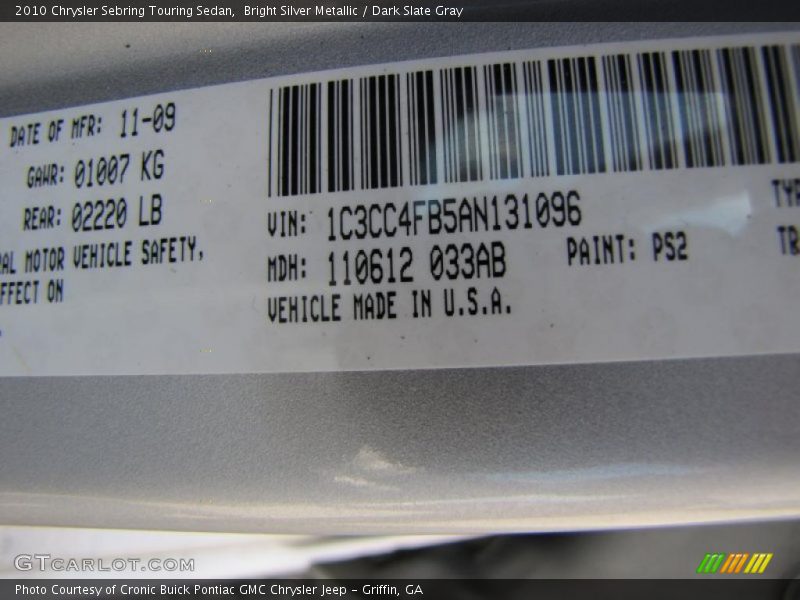 Bright Silver Metallic / Dark Slate Gray 2010 Chrysler Sebring Touring Sedan