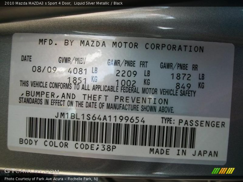 2010 MAZDA3 s Sport 4 Door Liquid Silver Metallic Color Code 38P