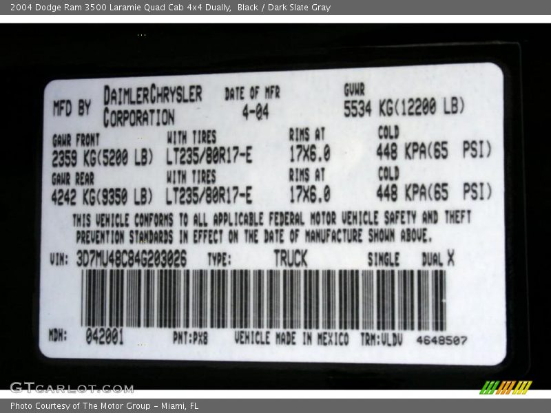 2004 Ram 3500 Laramie Quad Cab 4x4 Dually Black Color Code PX8