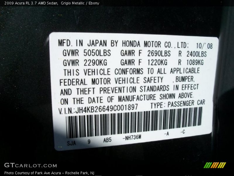 2009 RL 3.7 AWD Sedan Grigio Metallic Color Code NH736M