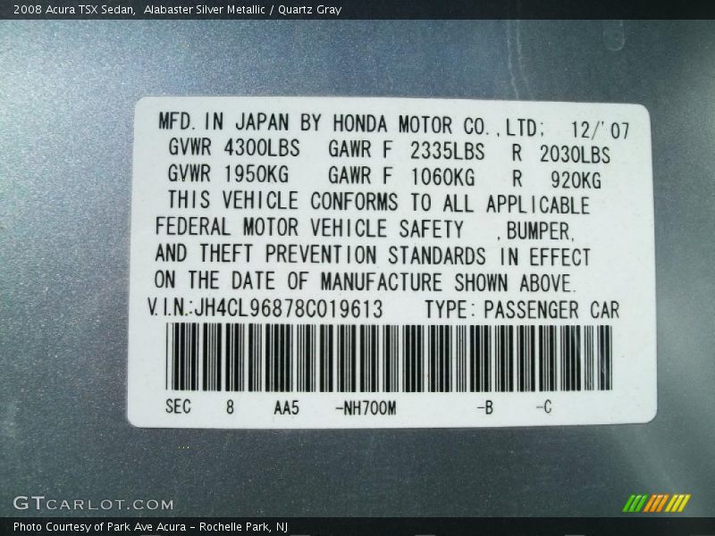 Alabaster Silver Metallic / Quartz Gray 2008 Acura TSX Sedan