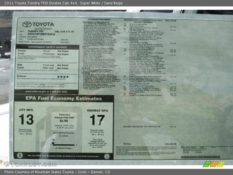  2011 Tundra TRD Double Cab 4x4 Window Sticker