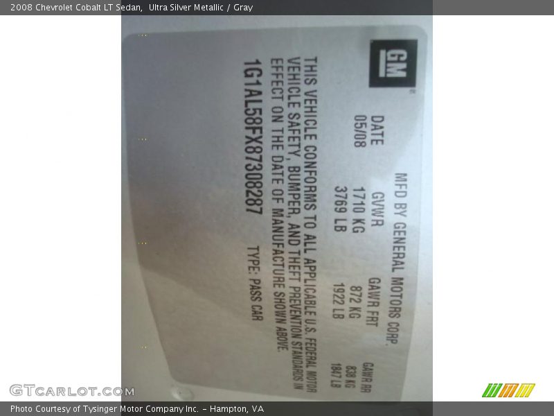 Ultra Silver Metallic / Gray 2008 Chevrolet Cobalt LT Sedan