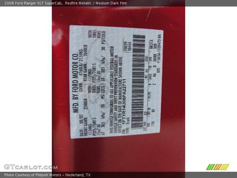 2008 Ranger XLT SuperCab Redfire Metallic Color Code G2