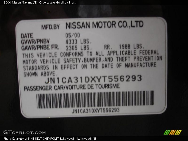 Gray Lustre Metallic / Frost 2000 Nissan Maxima SE