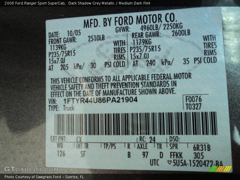 2006 Ranger Sport SuperCab Dark Shadow Grey Metallic Color Code CX