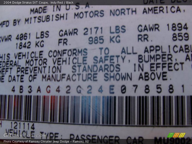 Indy Red / Black 2004 Dodge Stratus SXT Coupe