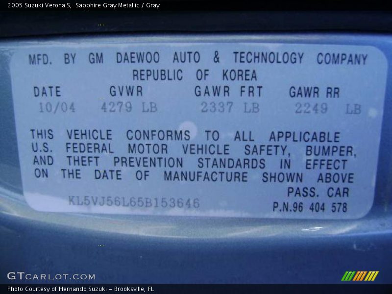Sapphire Gray Metallic / Gray 2005 Suzuki Verona S