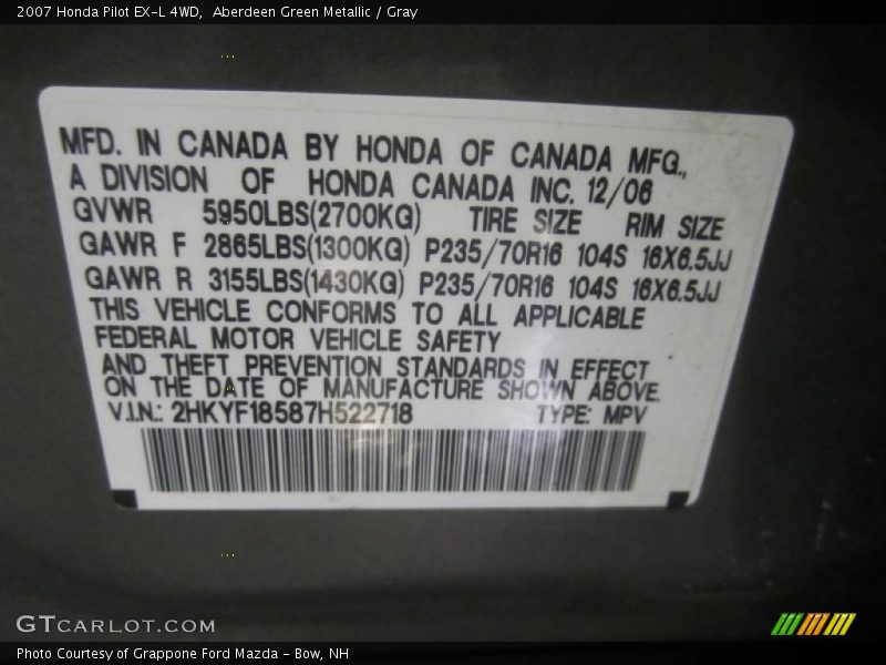 Aberdeen Green Metallic / Gray 2007 Honda Pilot EX-L 4WD