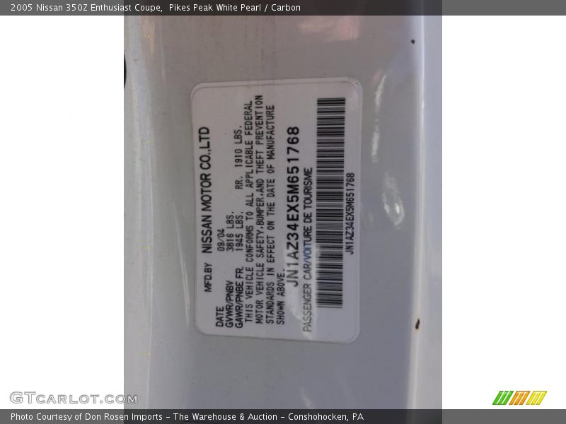 Info Tag of 2005 350Z Enthusiast Coupe