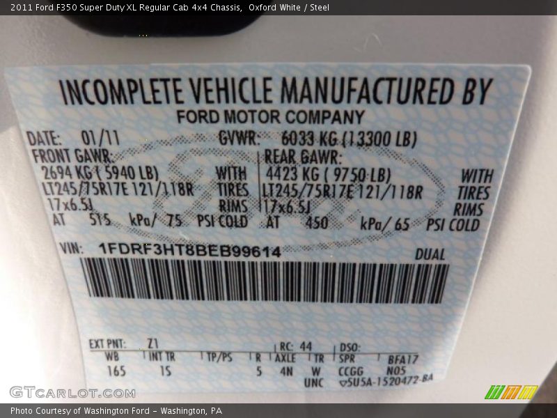 2011 F350 Super Duty XL Regular Cab 4x4 Chassis Oxford White Color Code Z1