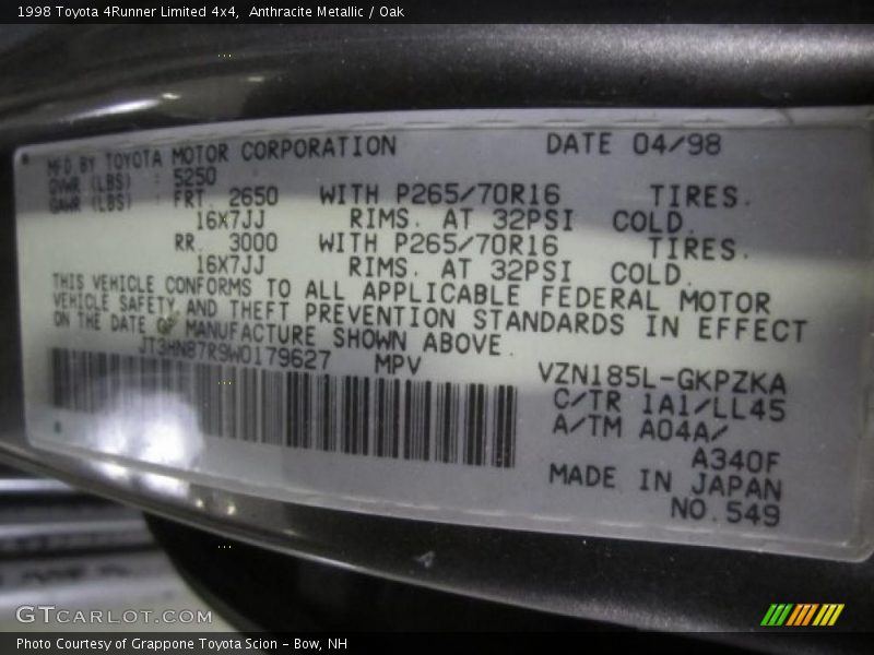 1998 4Runner Limited 4x4 Anthracite Metallic Color Code 1A1