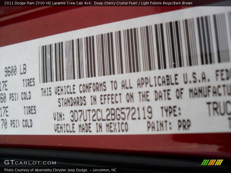 2011 Ram 2500 HD Laramie Crew Cab 4x4 Deep Cherry Crystal Pearl Color Code PRP