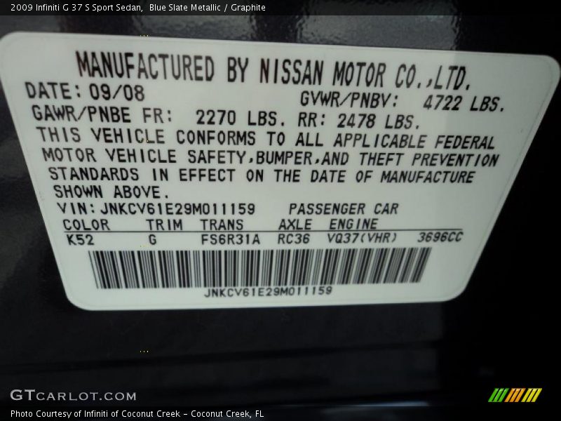 2009 G 37 S Sport Sedan Blue Slate Metallic Color Code K52