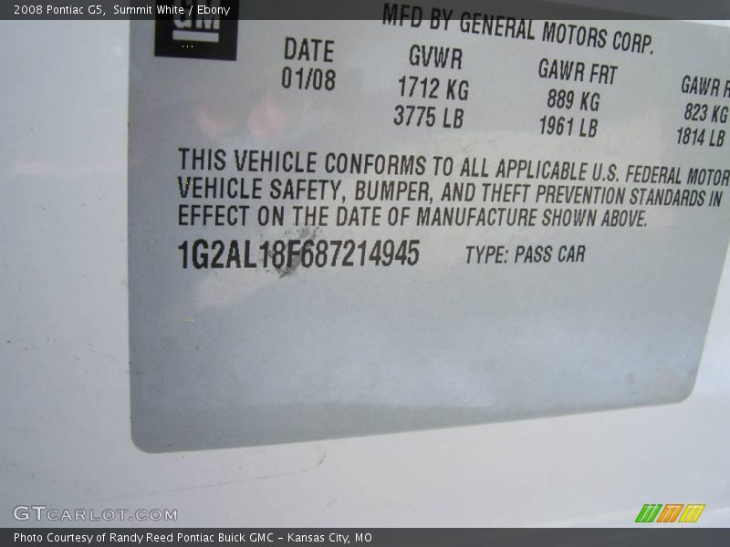Summit White / Ebony 2008 Pontiac G5