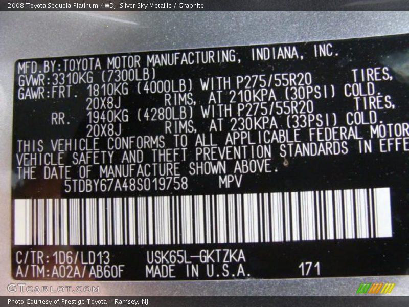 2008 Sequoia Platinum 4WD Silver Sky Metallic Color Code 1D6