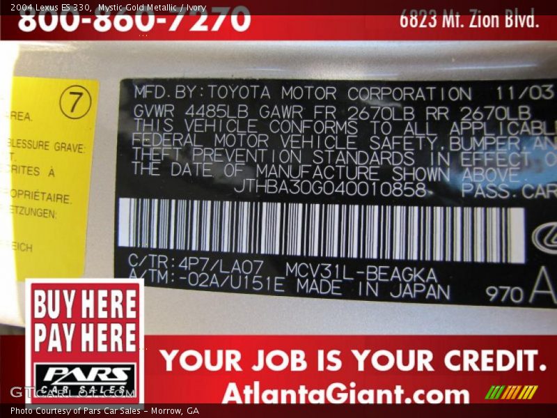 Mystic Gold Metallic / Ivory 2004 Lexus ES 330