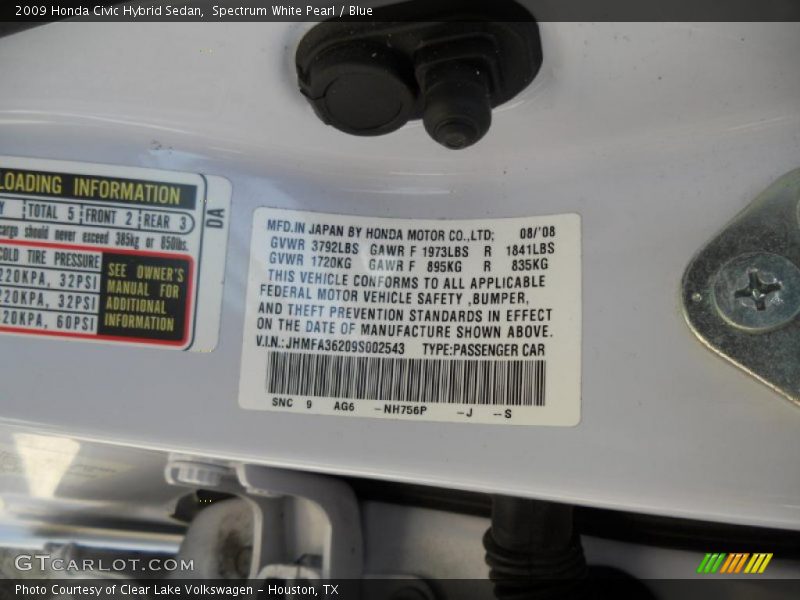 2009 Civic Hybrid Sedan Spectrum White Pearl Color Code NH756P