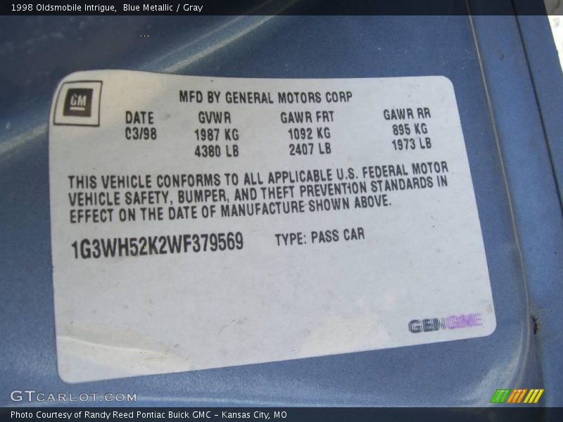Blue Metallic / Gray 1998 Oldsmobile Intrigue