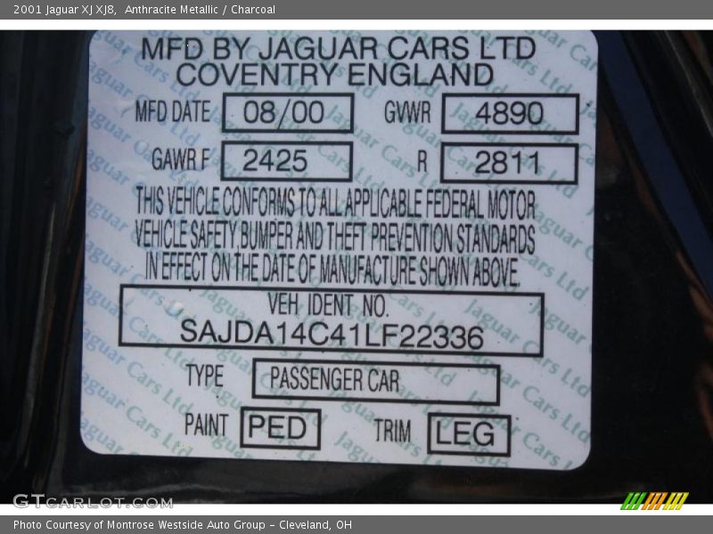2001 XJ XJ8 Anthracite Metallic Color Code PED