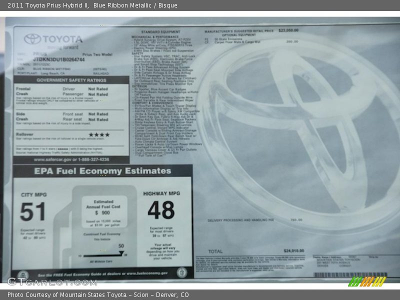  2011 Prius Hybrid II Window Sticker
