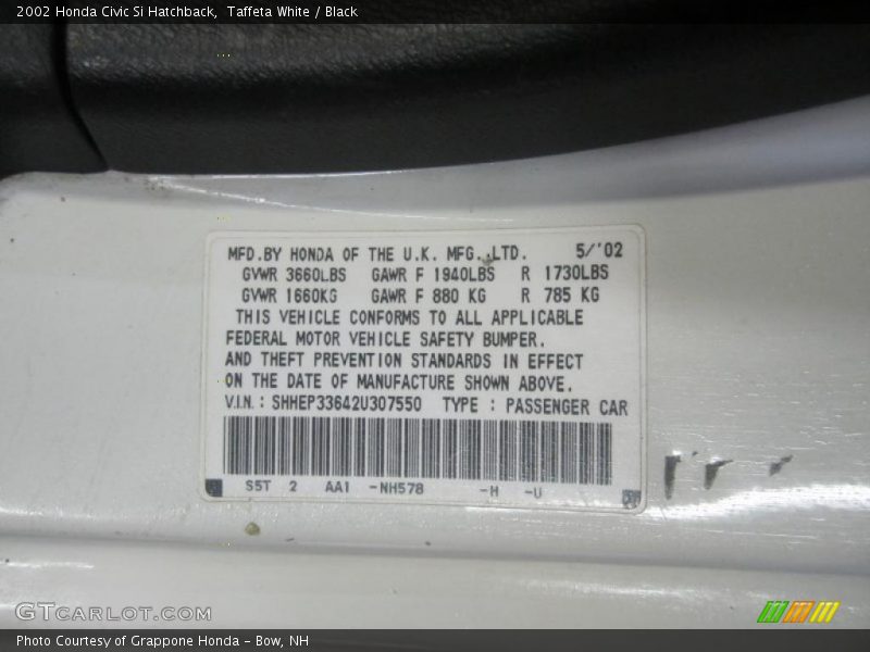 2002 Civic Si Hatchback Taffeta White Color Code NH578