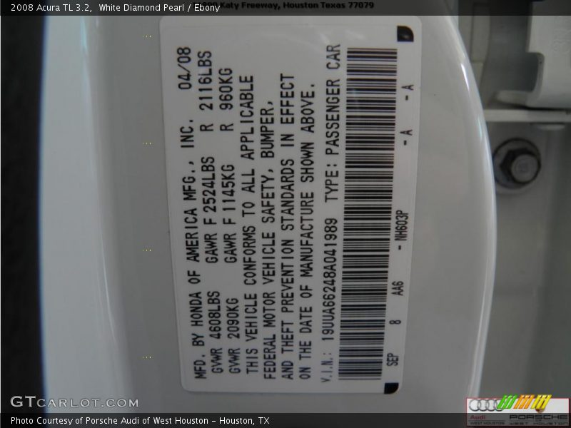 White Diamond Pearl / Ebony 2008 Acura TL 3.2
