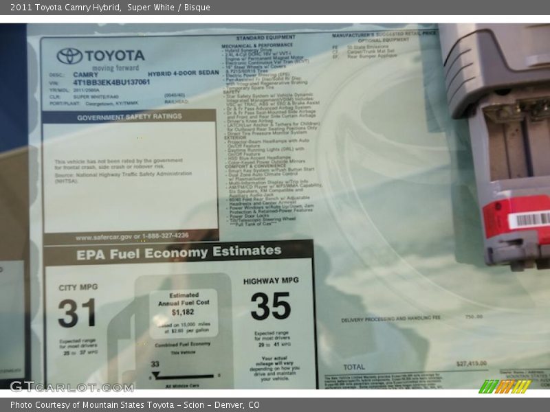  2011 Camry Hybrid Window Sticker