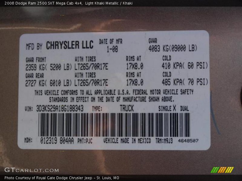 2008 Ram 2500 SXT Mega Cab 4x4 Light Khaki Metallic Color Code PJC