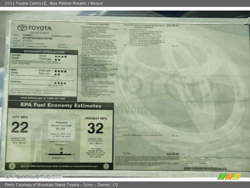 Blue Ribbon Metallic / Bisque 2011 Toyota Camry LE