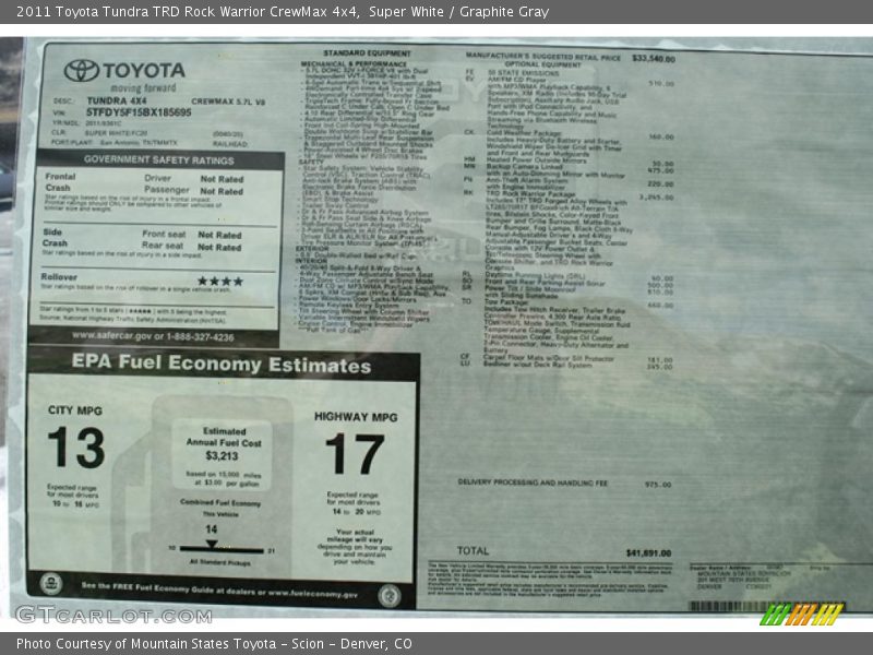  2011 Tundra TRD Rock Warrior CrewMax 4x4 Window Sticker