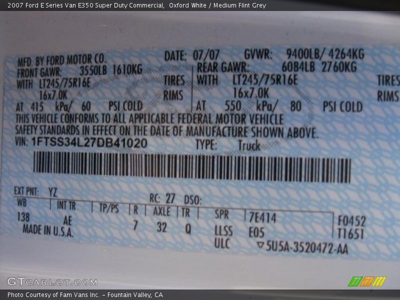2007 E Series Van E350 Super Duty Commercial Oxford White Color Code YZ