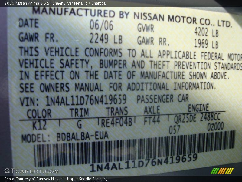 Sheer Silver Metallic / Charcoal 2006 Nissan Altima 2.5 S