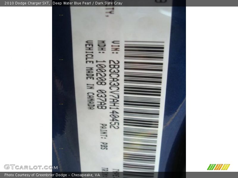 Deep Water Blue Pearl / Dark Slate Gray 2010 Dodge Charger SXT