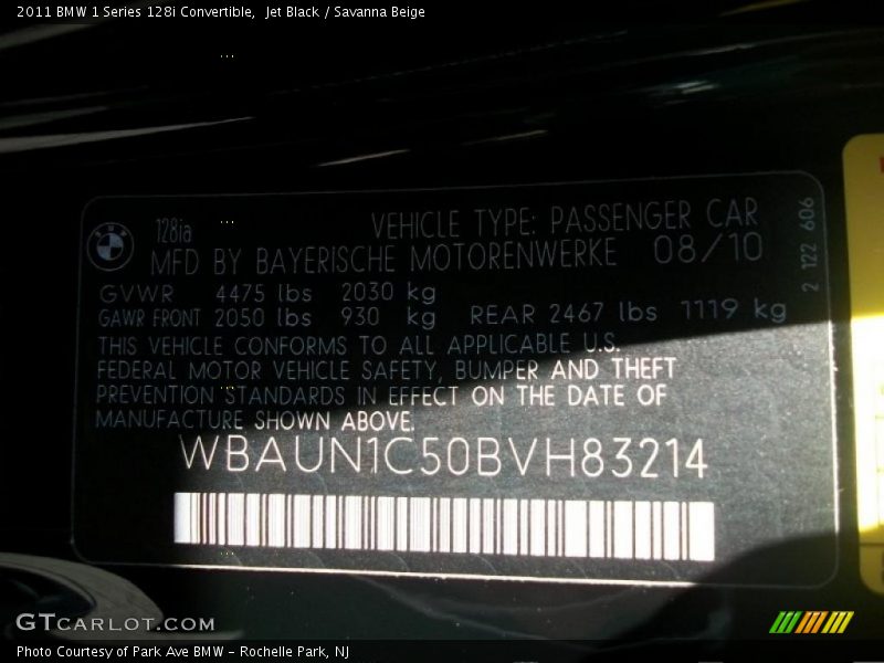 Jet Black / Savanna Beige 2011 BMW 1 Series 128i Convertible