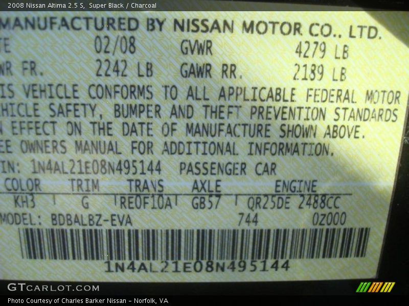 Super Black / Charcoal 2008 Nissan Altima 2.5 S