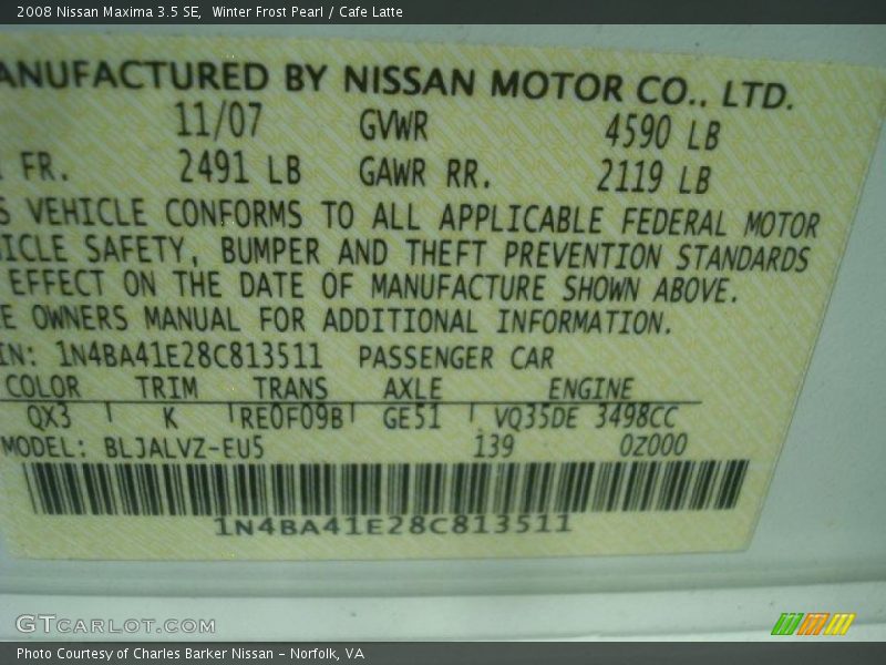 Winter Frost Pearl / Cafe Latte 2008 Nissan Maxima 3.5 SE