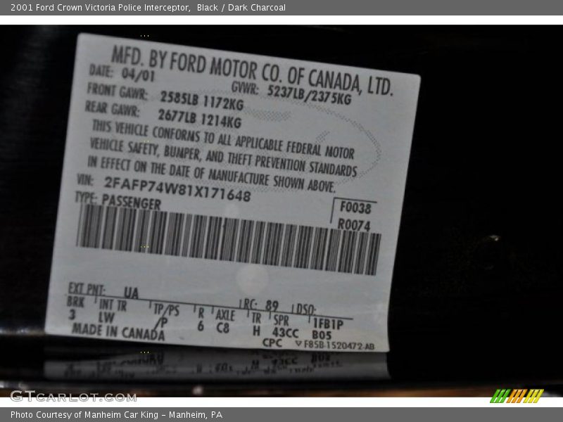 Black / Dark Charcoal 2001 Ford Crown Victoria Police Interceptor