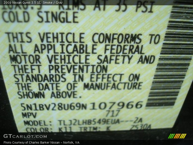 Smoke / Gray 2009 Nissan Quest 3.5 SE