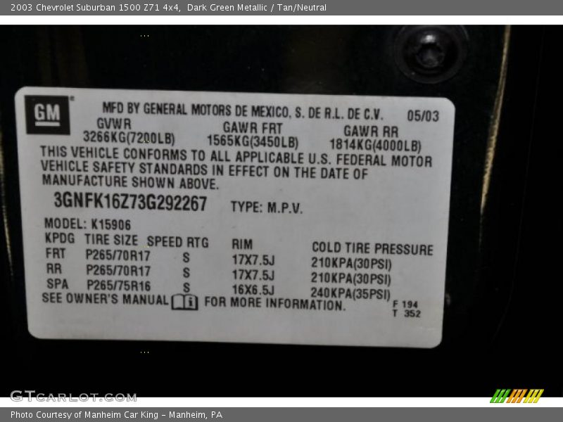 Dark Green Metallic / Tan/Neutral 2003 Chevrolet Suburban 1500 Z71 4x4