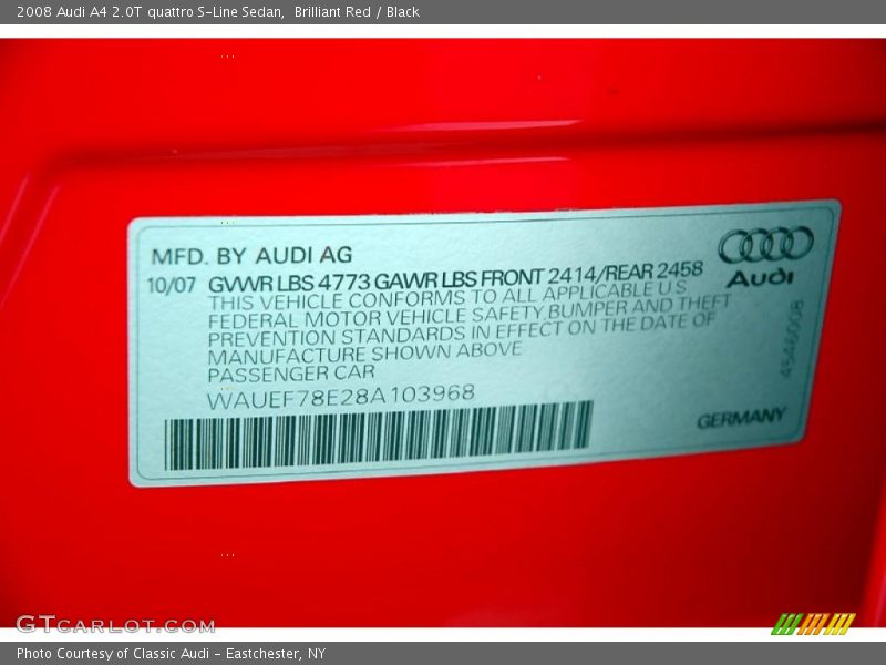 Info Tag of 2008 A4 2.0T quattro S-Line Sedan