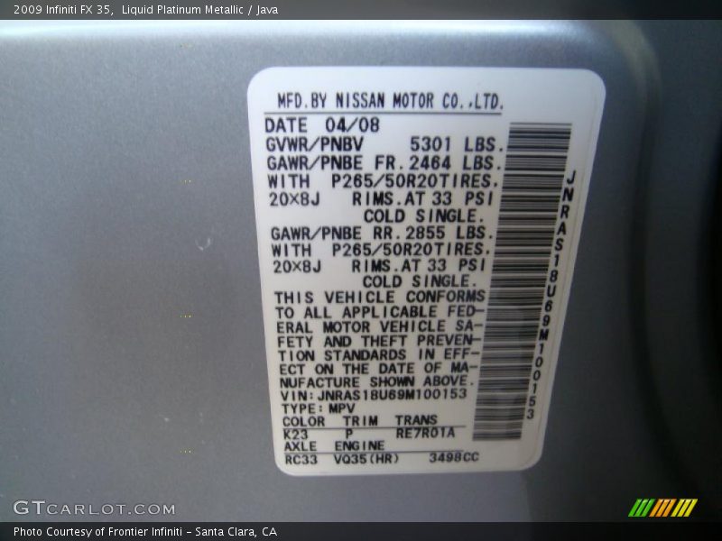 2009 FX 35 Liquid Platinum Metallic Color Code K23