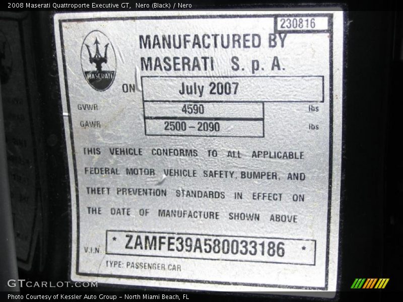 Info Tag of 2008 Quattroporte Executive GT