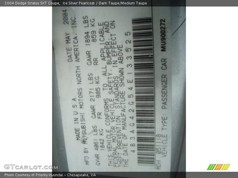 Ice Silver Pearlcoat / Dark Taupe/Medium Taupe 2004 Dodge Stratus SXT Coupe