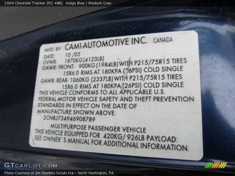 Indigo Blue / Medium Gray 2004 Chevrolet Tracker ZR2 4WD