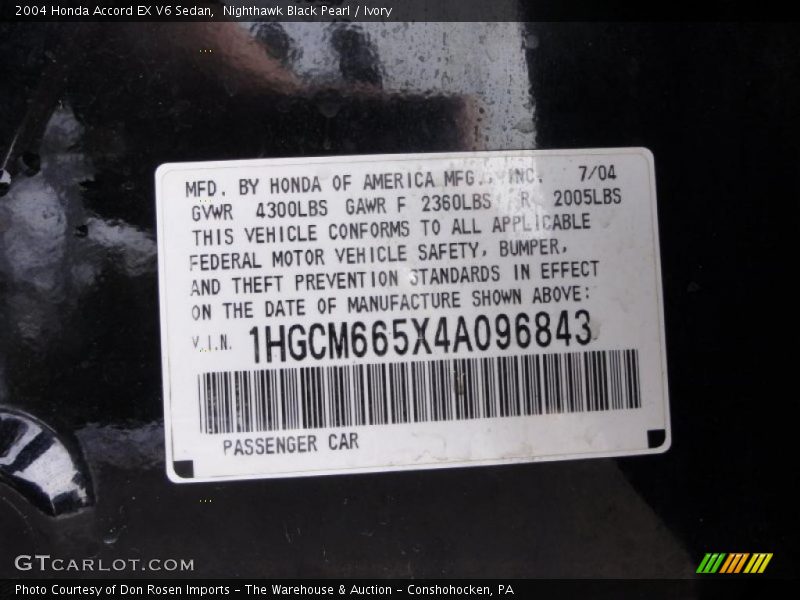 Info Tag of 2004 Accord EX V6 Sedan