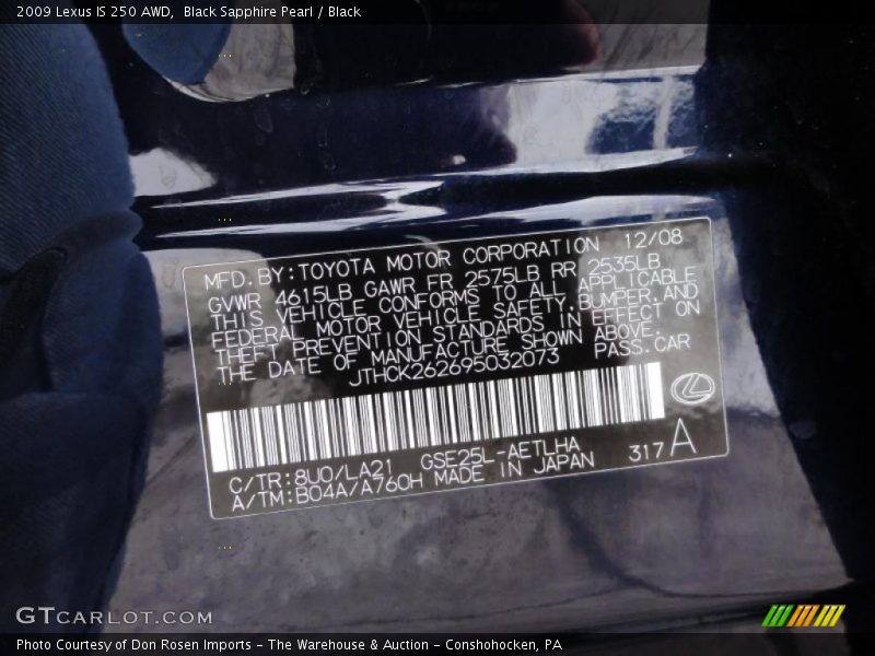 2009 IS 250 AWD Black Sapphire Pearl Color Code 8U0