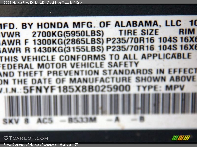 Steel Blue Metallic / Gray 2008 Honda Pilot EX-L 4WD