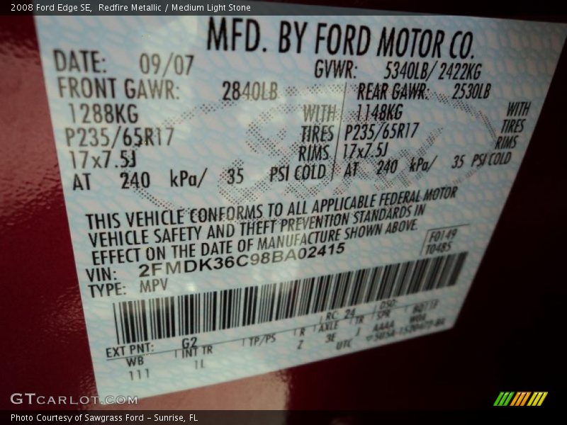Redfire Metallic / Medium Light Stone 2008 Ford Edge SE