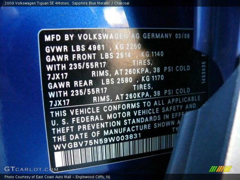 Sapphire Blue Metallic / Charcoal 2009 Volkswagen Tiguan SE 4Motion